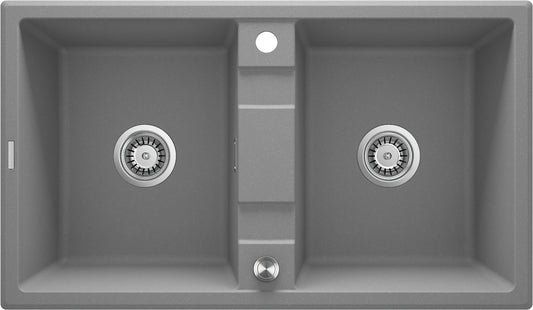 Deante ERIDAN Küchenspüle aus Granit 2-Becken 86 x 50 cm Excenterbetätigung Grau Metallic