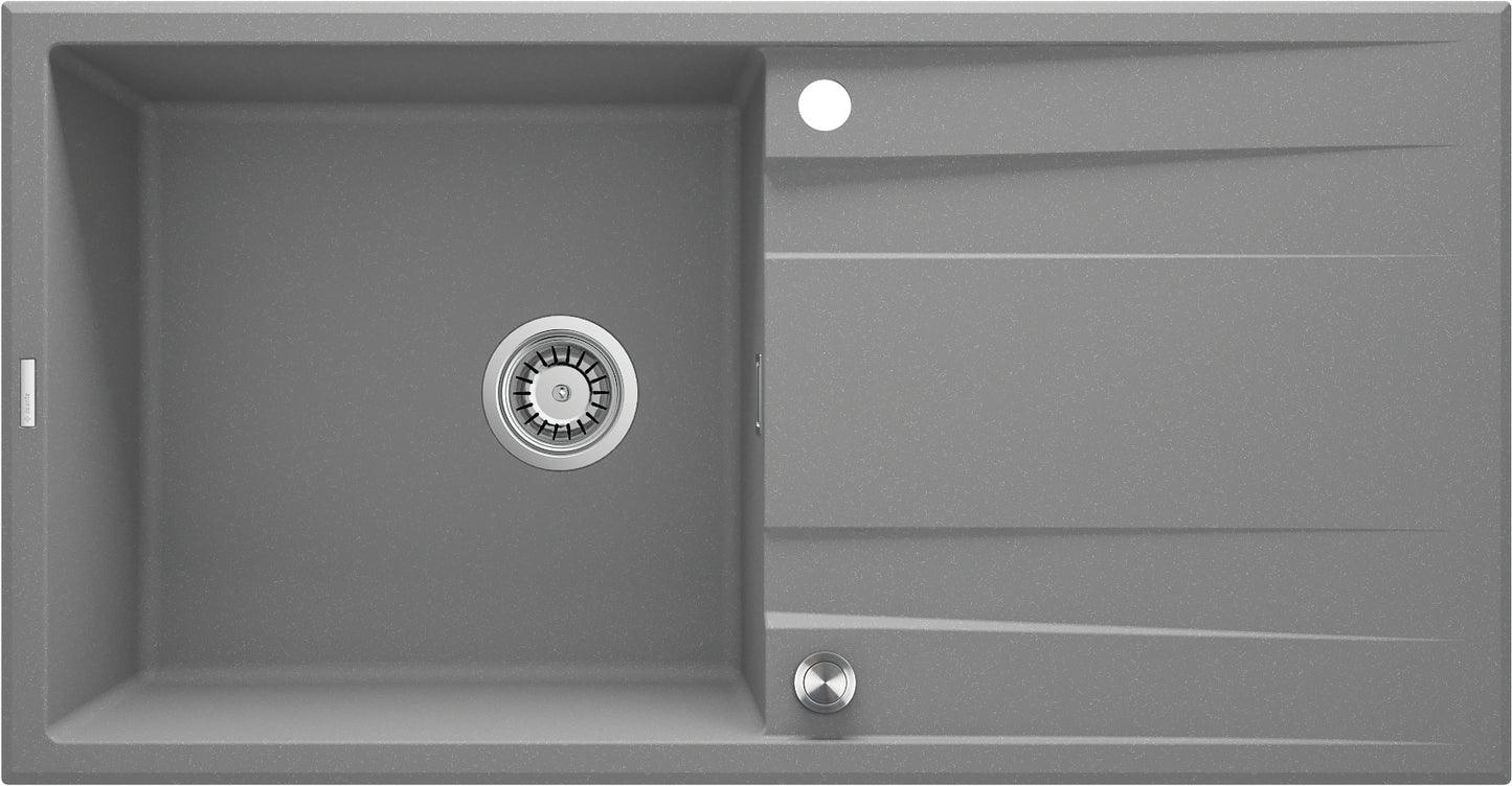 Deante ERIDAN Granitspüle 100 x 52 cm mit Abtropffläche und Siphon-Knopf Grau Metallic