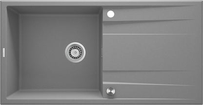 Deante ERIDAN Granitspüle 100 x 52 cm mit Abtropffläche und Siphon-Knopf Grau Metallic