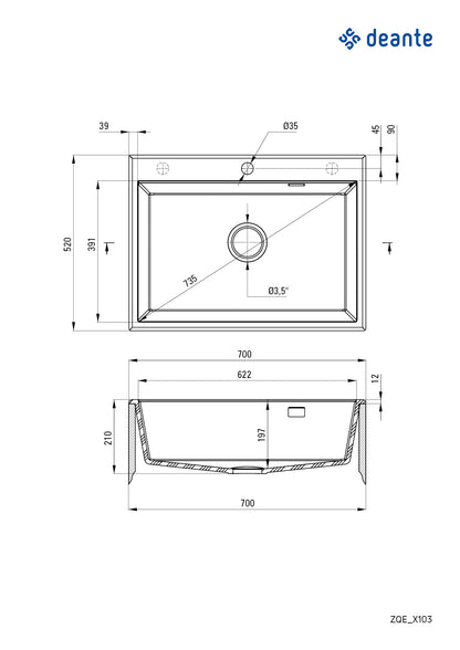 Deante ERIDAN Granitspüle 70 x 52 cm 1-Becken mit automatischer Abflusssperre Graphit Metallic