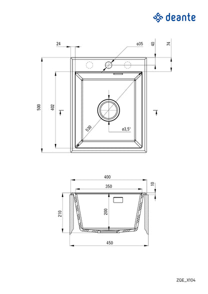 Deante ERIDAN Granitspüle 40 x 50 cm 1-Becken mit automatischer Abflusssperre Graphit Metallic