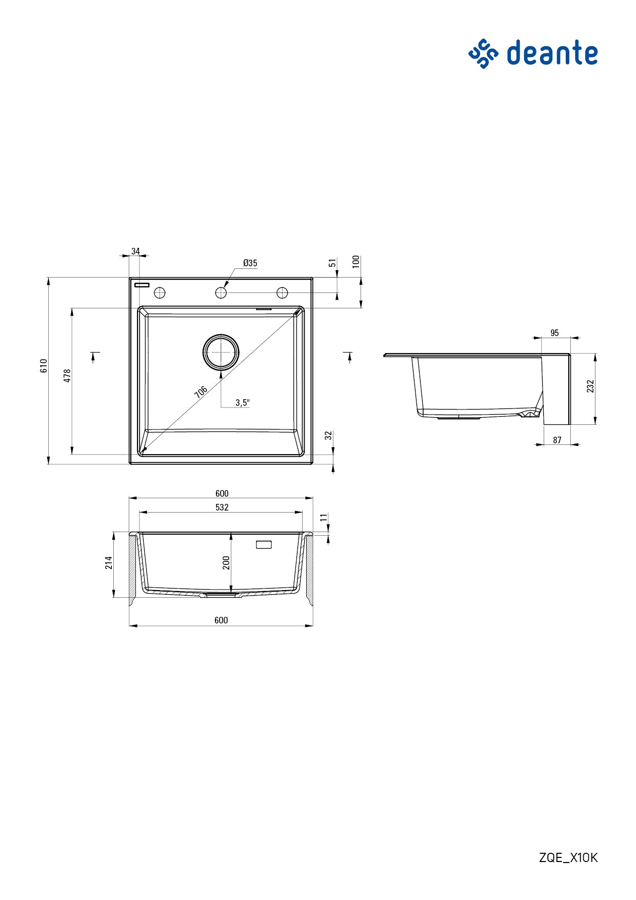 Deante ERIDAN Granit-Spülstein 60 x 61 cm 1-Becken automatische Abflusssperre Graphit Metallic