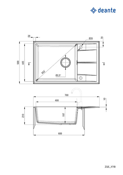 Deante ERIDAN Granitspüle 78 x 50 cm mit Abtropffläche und Siphon-Knopf Grau Metallic