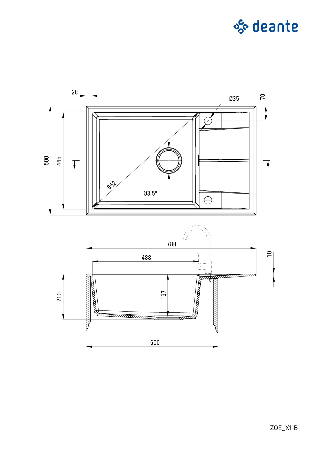 Deante ERIDAN Granitspüle 78 x 50 cm mit Abtropffläche und Siphon-Knopf Graphit Metallic