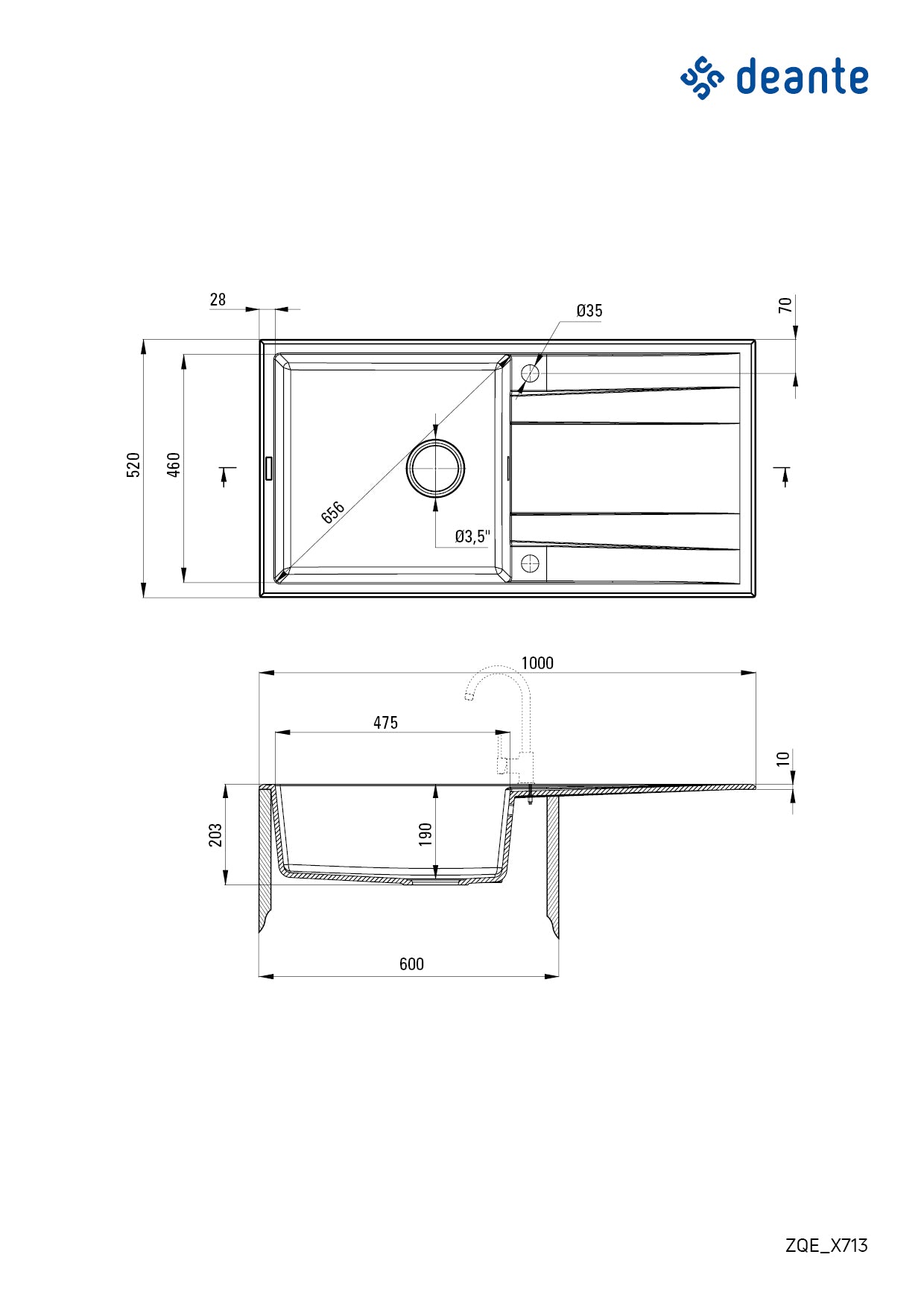 Deante ERIDAN Granitspüle 100 x 52 cm mit Abtropffläche und Siphon-Knopf Graphit Metallic