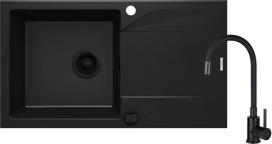 Deante EVORA Granitspülbecken mit Abtropffläche + Armatur (Komplett-Set) Schwarz
