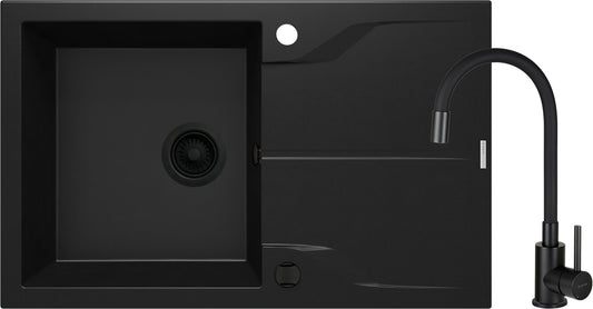 Deante ANDANTE Granitspülbecken mit Abtropffläche + Armatur (Küchen-Set) Schwarz