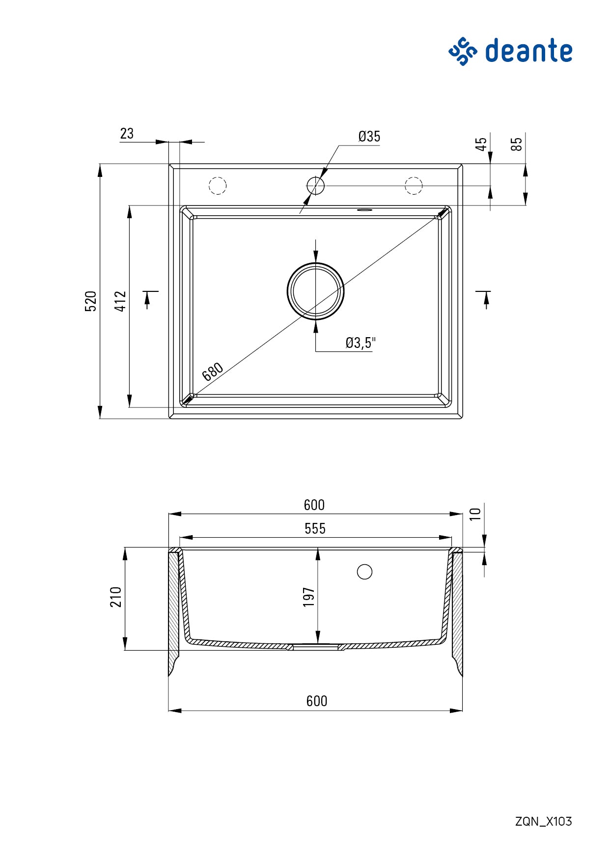Deante ANDANTE Granitspüle 60 x 52 cm 1-Becken rechteckig mit Raumsparsiphon Graphit Metalic