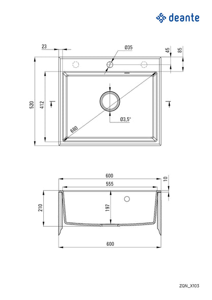 Deante ANDANTE Granitspüle 60 x 52 cm 1-Becken rechteckig mit Raumsparsiphon Sand