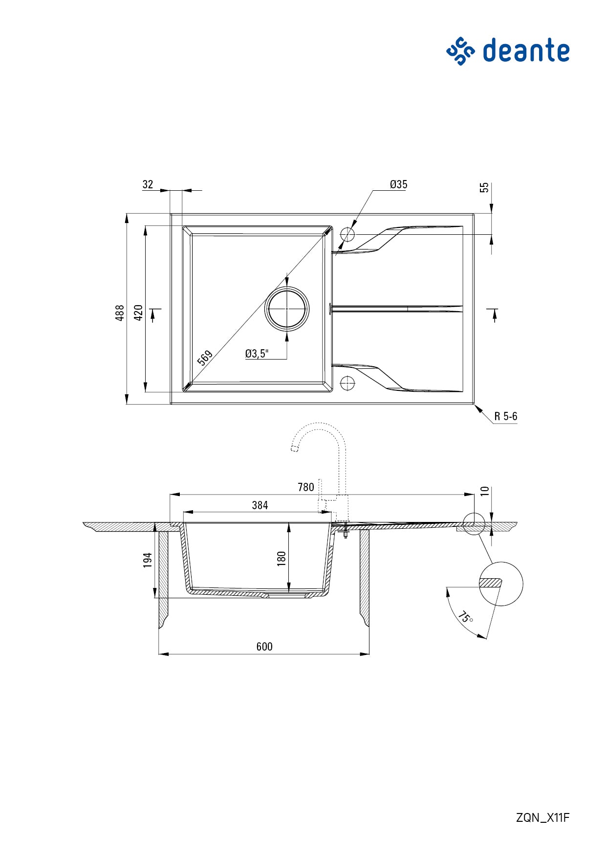 Deante ANDANTE FLUSH Granitspüle mit Abtropffläche flächenbündige Montage Alabaster