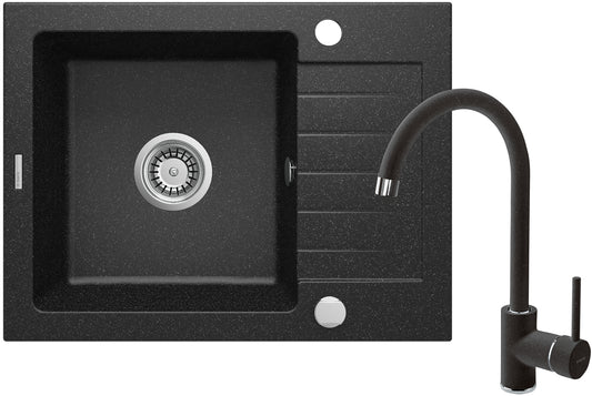 Deante ZORBA Granitspüle mit Abtropffläche + Armatur (Küchen-Set) 58 x 44 cm Graphit