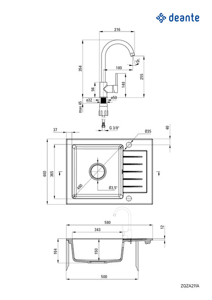 Deante ZORBA Granitspüle mit Abtropffläche + Armatur (Küchen-Set) 58 x 44 cm Sand