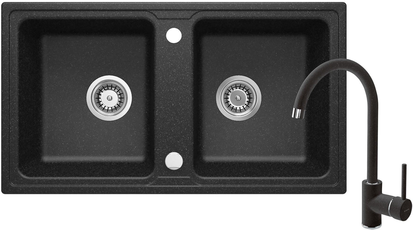 Deante ZORBA Granitspüle mit 2 Becken + Armatur (Küchen-Set) 78 x 43,5 cm Graphit