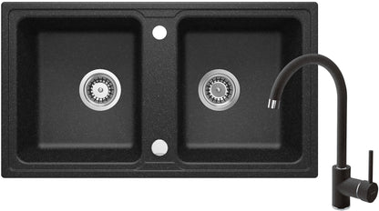 Deante ZORBA Granitspüle mit 2 Becken + Armatur (Küchen-Set) 78 x 43,5 cm Graphit