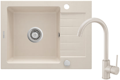 Deante ZORBA Granitspüle mit Abtropffläche + Armatur (Küchen-Set) 58 x 44 cm Beige