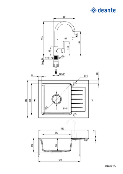 Deante ZORBA Granitspüle mit Abtropffläche + Armatur (Küchen-Set) 58 x 44 cm Schwarz
