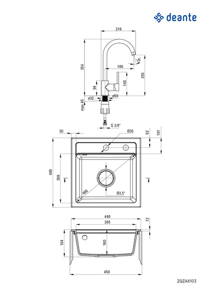 Deante ZORBA Granitspüle mit Armatur (Küchen-Set) 1-Becken 44 cm quadratisch Graphit