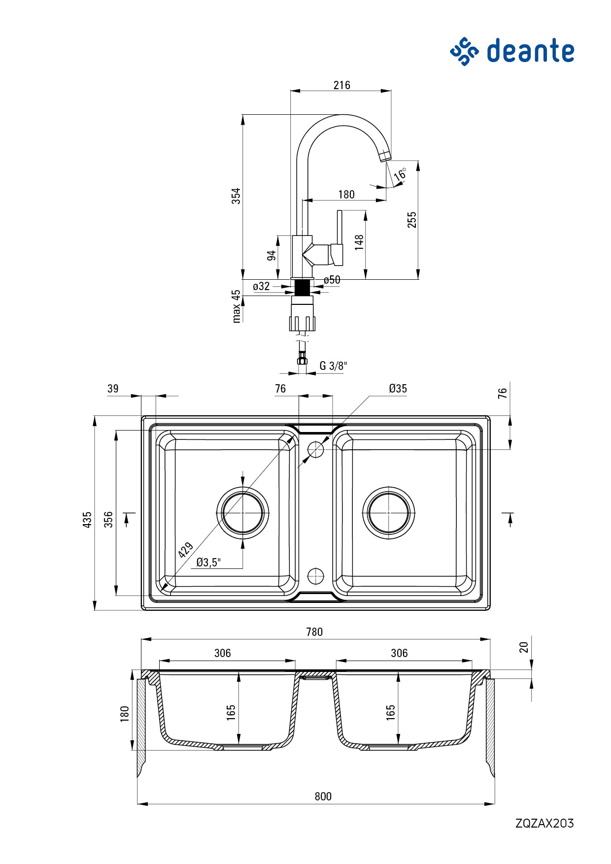 Deante ZORBA Granitspüle mit 2 Becken + Armatur (Küchen-Set) 78 x 43,5 cm Sand