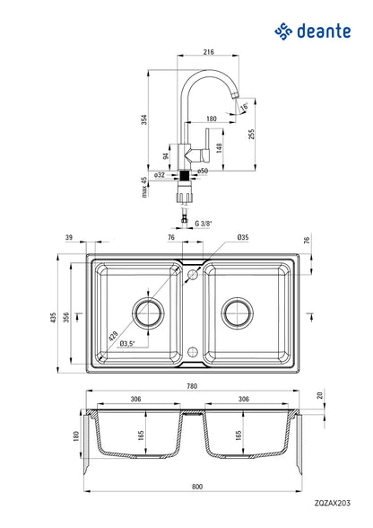 Deante ZORBA Granitspüle mit 2 Becken + Armatur (Küchen-Set) 78 x 43,5 cm Sand
