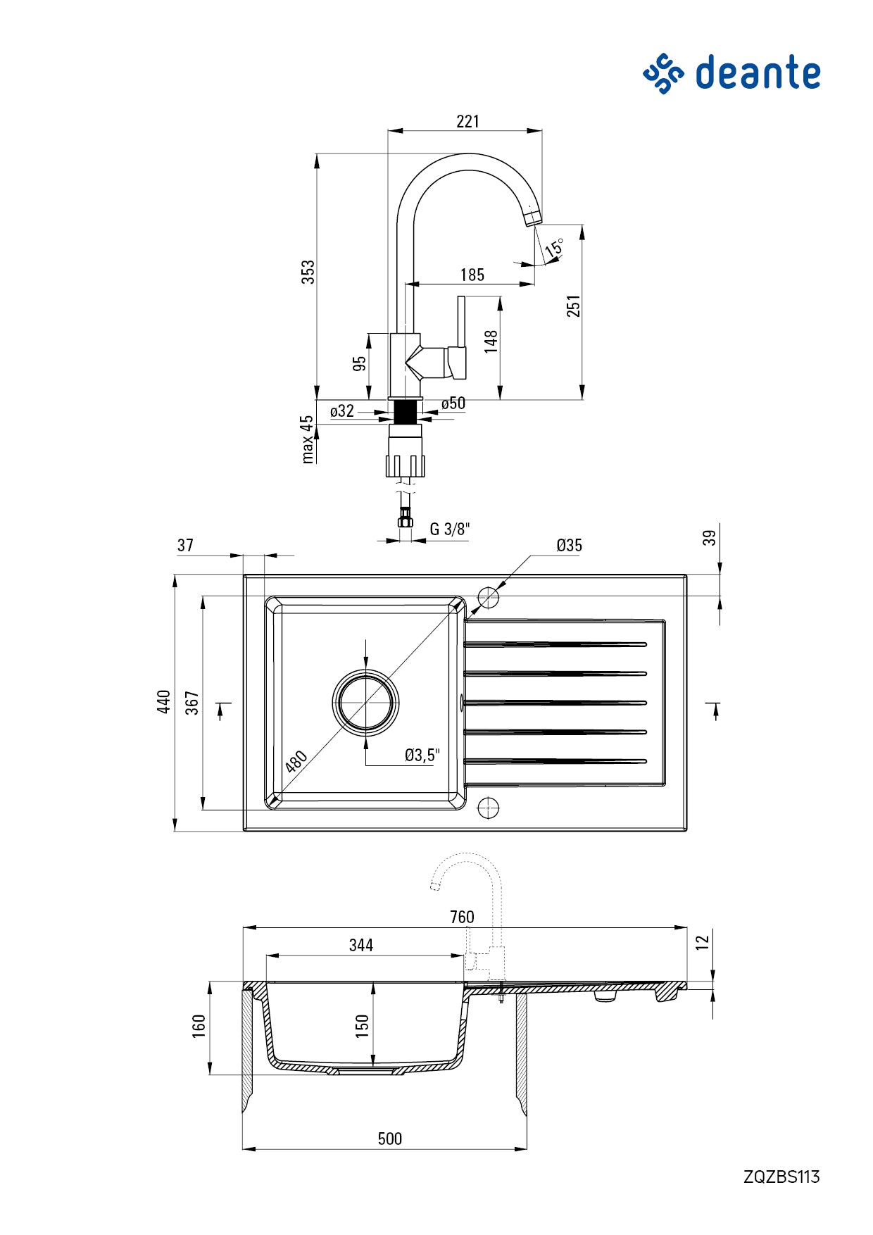 Deante ZORBA Granitspüle mit Abtropffläche + Armatur (Küchen-Set) 76 x 44 cm Grau Metallic