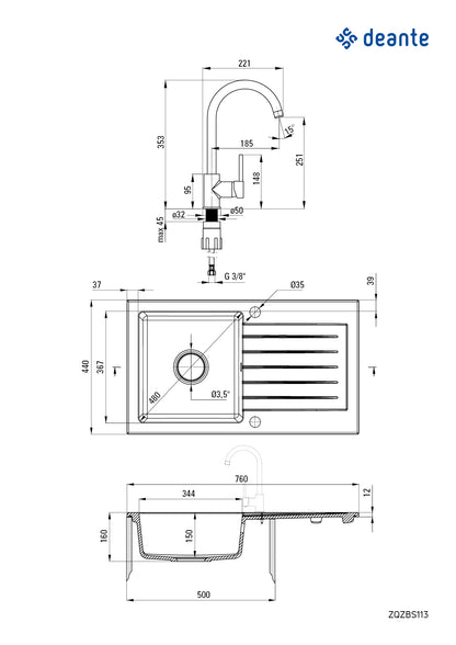 Deante ZORBA Granitspüle mit Abtropffläche + Armatur (Küchen-Set) 76 x 44 cm Grau Metallic