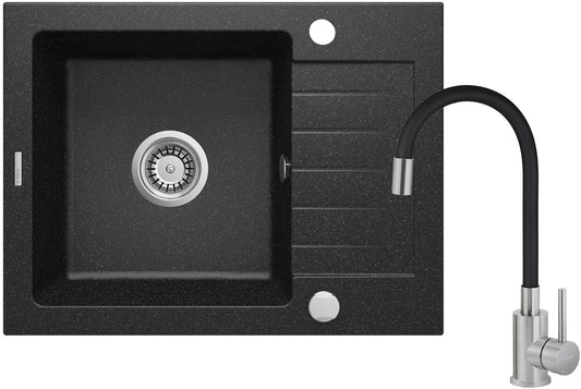 Deante ZORBA Granitspüle mit Abtropffläche + Armatur (Küchen-Set 2) 58 x 44 cm Graphit / Stahl