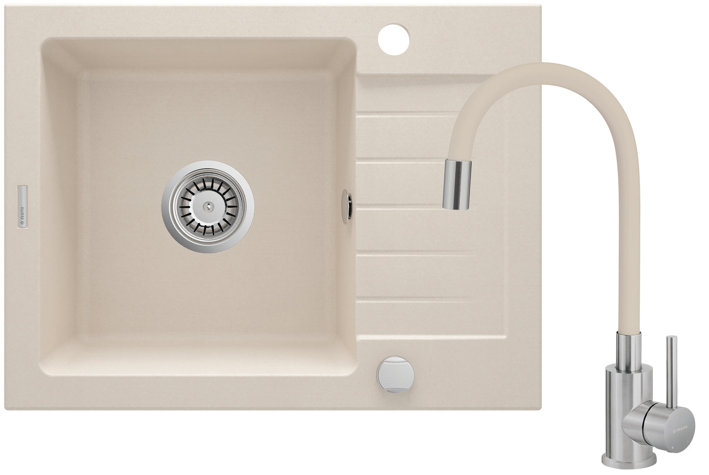 Deante ZORBA Granitspüle mit Abtropffläche + Armatur (Küchen-Set 2) 58 x 44 cm Beige / Stahl