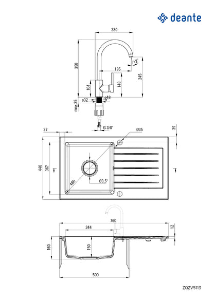 Deante ZORBA Granitspüle mit Abtropffläche + Armatur (Küchen-Set) 76 x 44 cm Anthrazit Metallic
