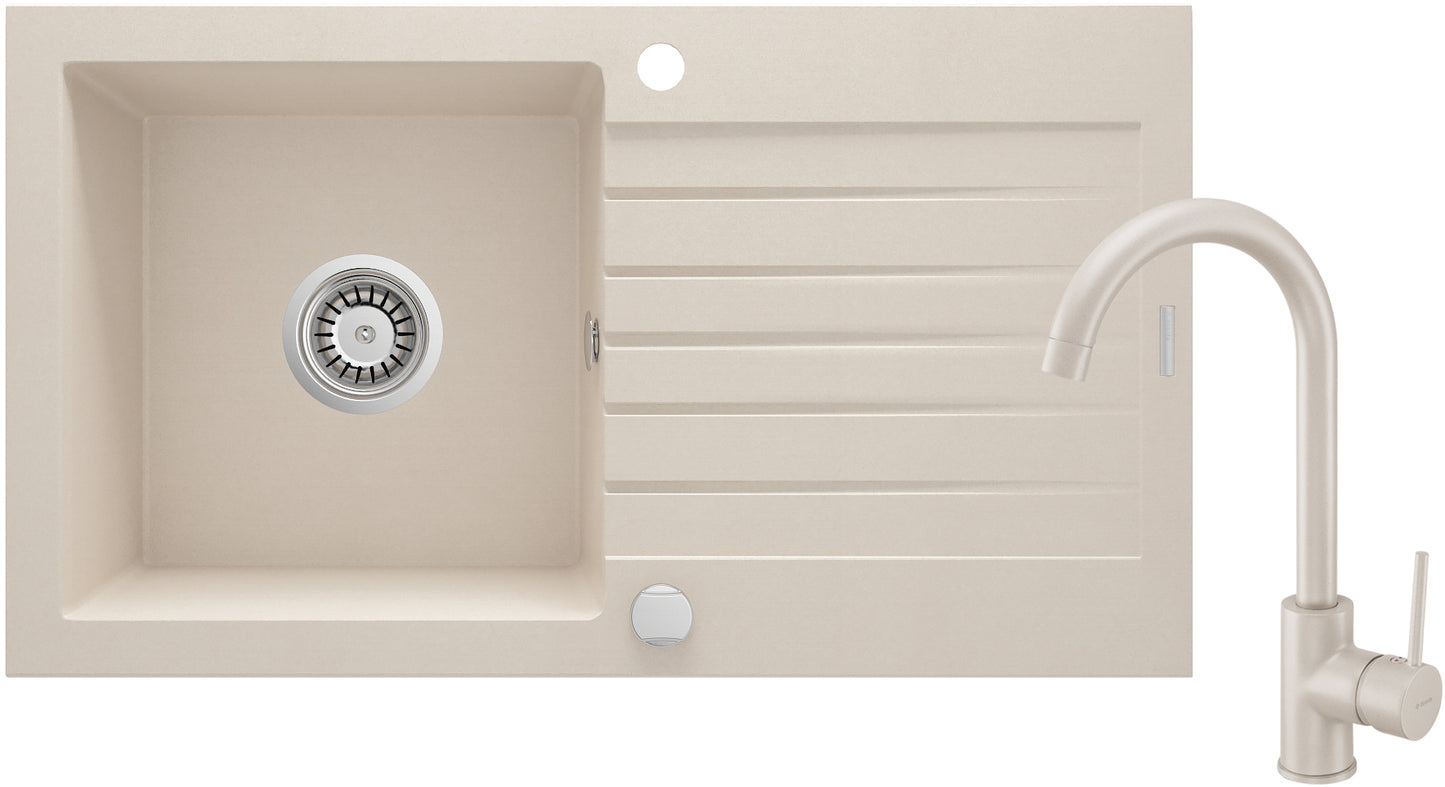 Deante ZORBA Granitspüle mit Abtropffläche + Armatur (Küchen-Set) 76 x 44 cm Beige
