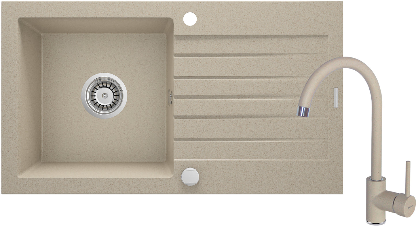 Deante ZORBA Granitspüle mit Abtropffläche + Armatur (Küchen-Set) 76 x 44 cm Sand