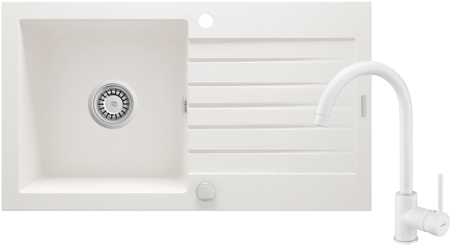 Deante ZORBA Granitspüle mit Abtropffläche + Armatur (Küchen-Set) 76 x 44 cm Alabaster