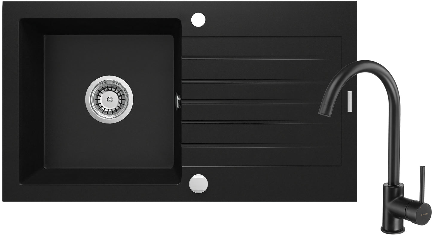 Deante ZORBA Granitspüle mit Abtropffläche + Armatur (Küchen-Set) 76 x 44 cm Schwarz