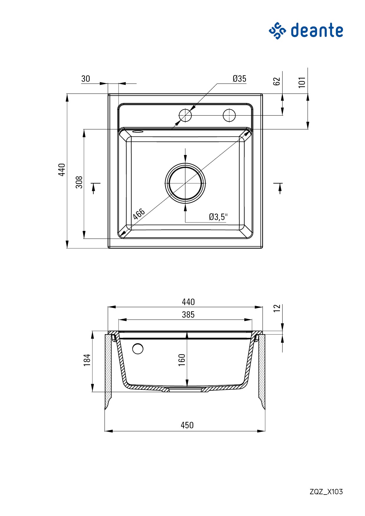 Deante ZORBA Granitspüle 1-Becken 44 cm quadratisch mit Siphon-Drehknopf Sand