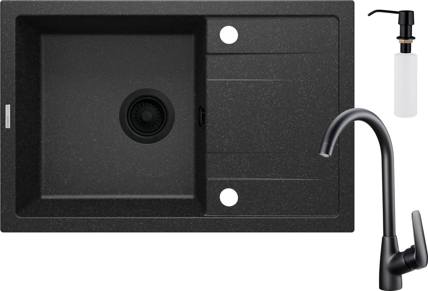 Deante CORIO Granitspülbecken mit Abtropffläche + Armatur + Spülmittelspender (Set) Graphit