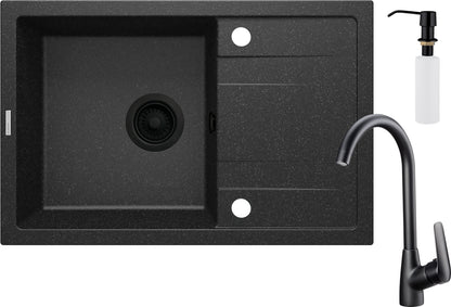Deante CORIO Granitspülbecken mit Abtropffläche + Armatur + Spülmittelspender (Set) Graphit