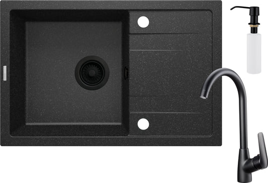 Deante CORIO Granitspülbecken mit Abtropffläche + Armatur + Spülmittelspender (Set) Graphit
