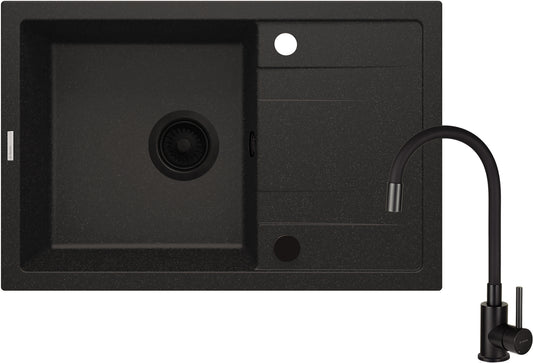 Deante CORIO Granitspülbecken mit Abtropffläche + Armatur (Set) Graphit Metallic