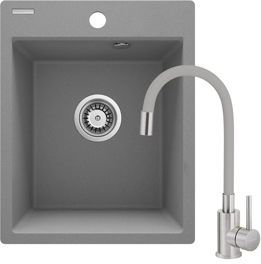 Deante CORIO Granitspüle mit flexibler Armatur 1-Becken 40 x 50 (Küchen-Set) Grau Metalic