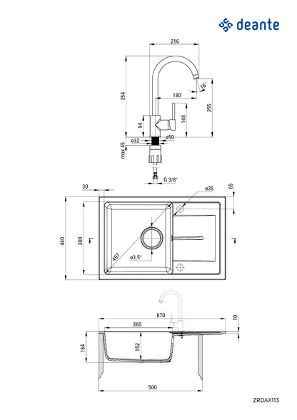 Deante LEDA Granitspüle mit Abtropffläche + Armatur (Komplett-Set) 67 x 44 cm Graphit