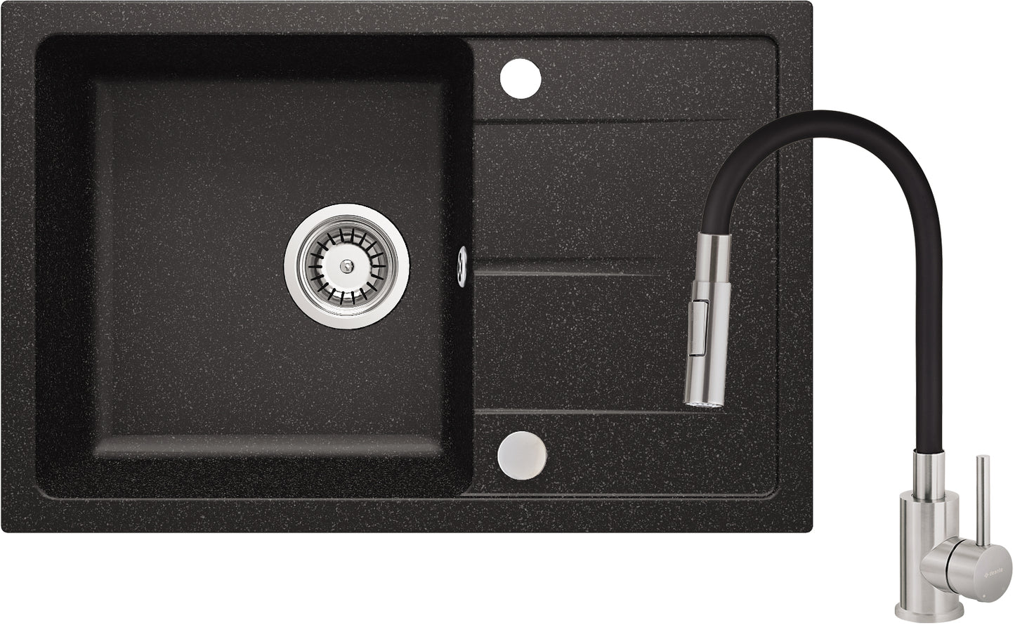 Deante LEDA Granitspüle mit Abtropffläche + flexible Armatur (Set) 67 x 44 cm Graphit / Stahl