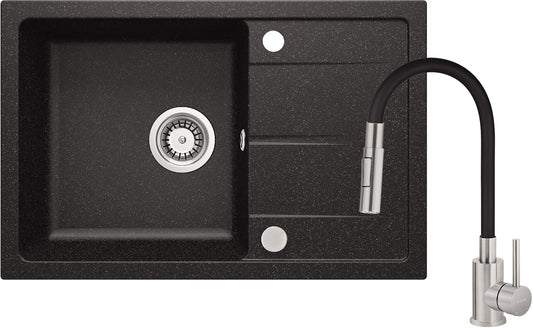 Deante LEDA Granitspüle mit Abtropffläche + flexible Armatur (Set) 67 x 44 cm Graphit / Stahl