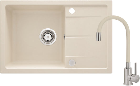 Deante LEDA Granitspüle mit Abtropffläche + flexible Armatur (Set) 67 x 44 cm Beige