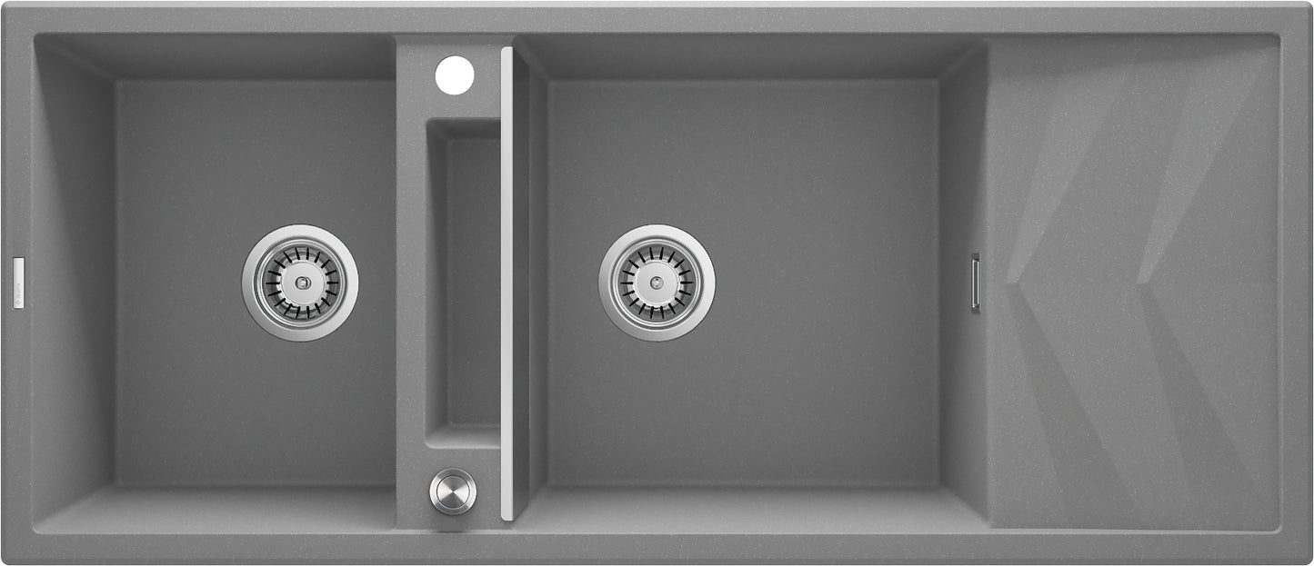 Deante MAGNETIC Granitspüle mit modularer Ablagefläche 2-Becken 116 x 50 cm Grau Metallic