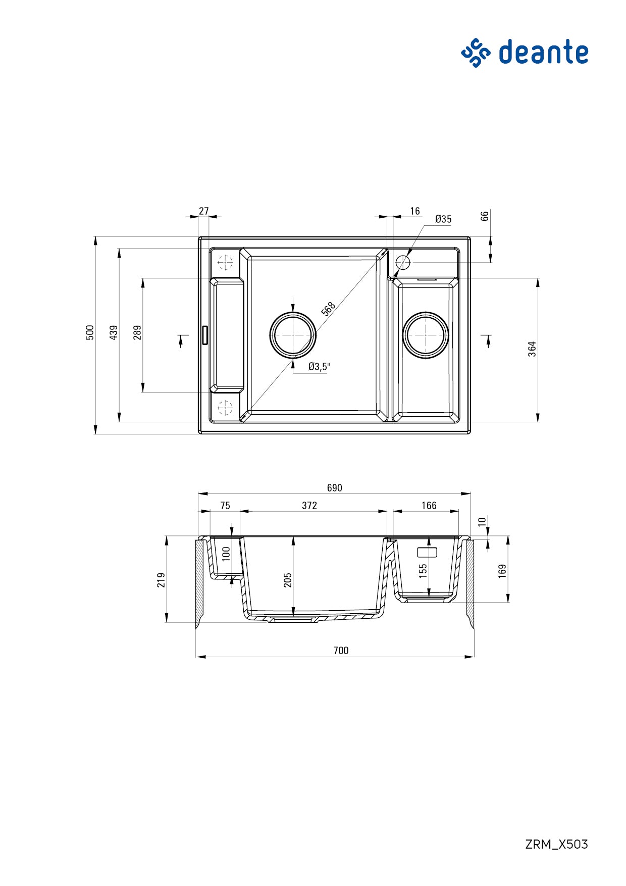 Deante MAGNETIC Granitspüle mit modularer Ablagefläche 1,5-Becken 69 x 50 cm Graphit Metallic