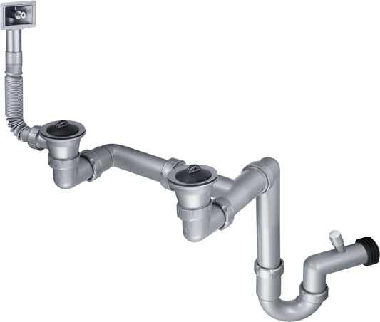 Deante Siphon für Edelstahlspülen mit 1,5 und 2 Becken für 2" Abfluss Grau