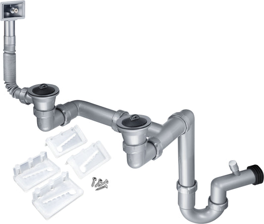 Deante Siphon für Edelstahl-Aufsatzspülbecken mit 2 Becken für 2" Abfluss Grau